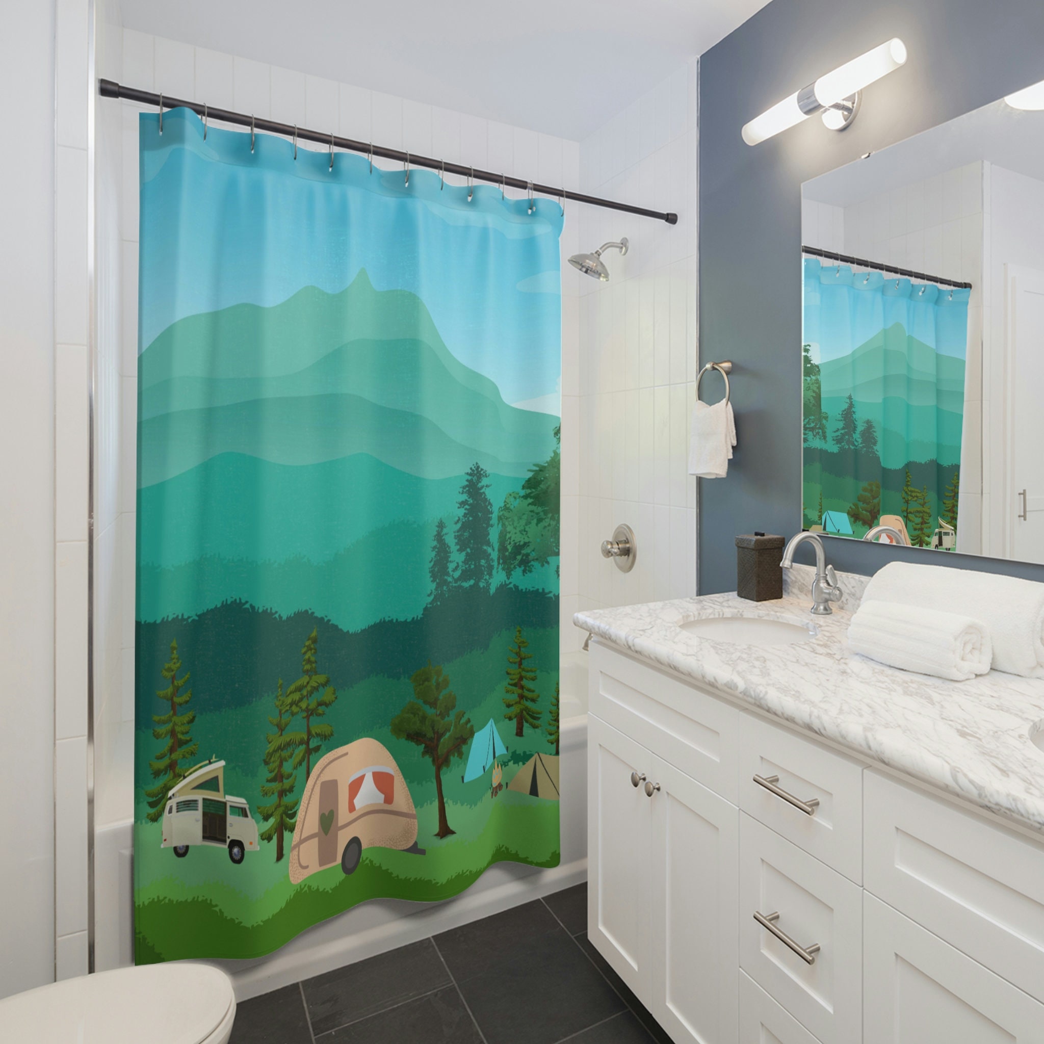 Camper Shower Curtains, Camping Scene Shower Curtain, Pink Curtain