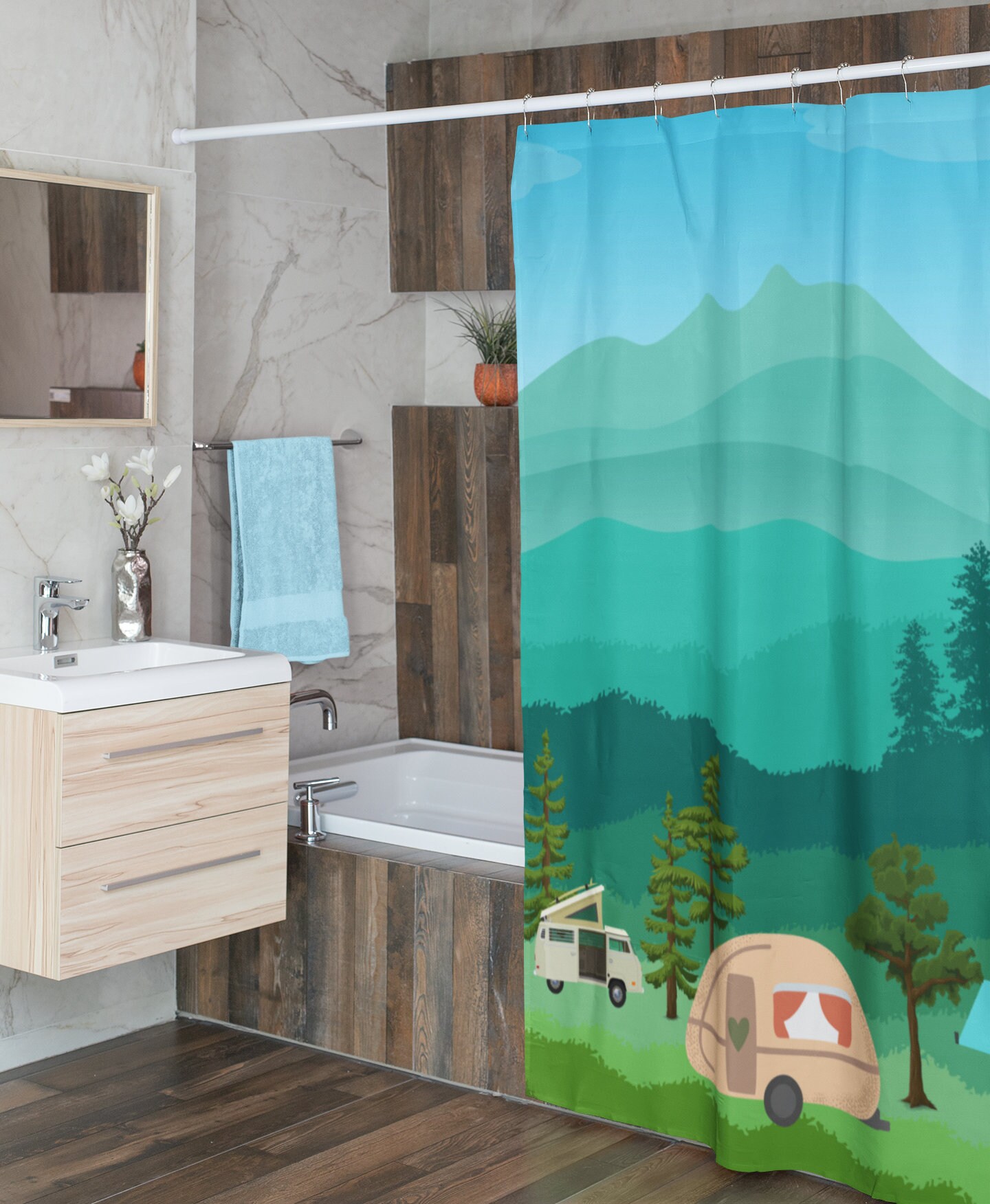 Camper Shower Curtains, Camping Scene Shower Curtain, Pink Curtain