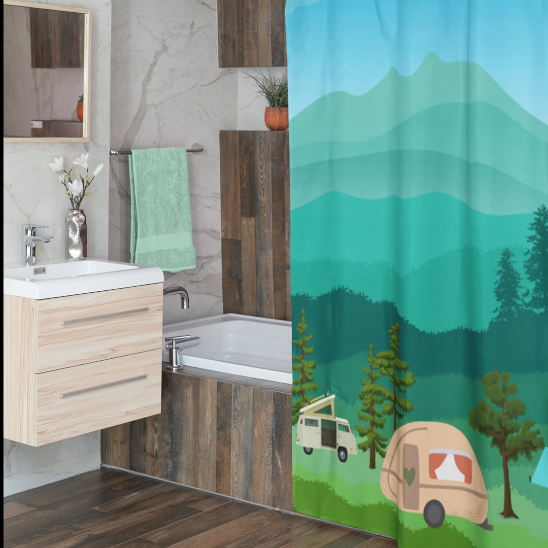 Camper Shower Curtains, Camping Scene Shower Curtain, Pink Curtain