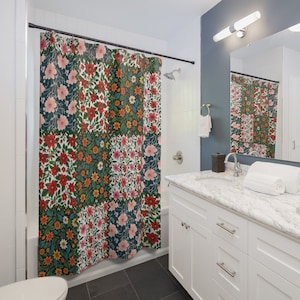 Wildflower Shower Curtain, Patchwork Shower Curtain, Flower Shower Curtain, Boho Bathroom Decor, Retro Bathroom Curtain, Floral Pattern