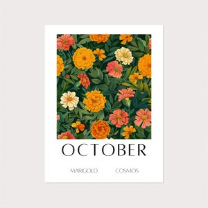 Birth Flower Premium Print, October Marigold & Cosmos birth month flower premium paper matte poster, Personalised birthday flower wall art