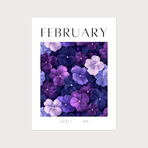 Impresión premium de flores de nacimiento, cartel mate de papel premium de flores del mes de nacimiento de violeta e iris de febrero, arte personalizado de la pared de flores de cumpleaños