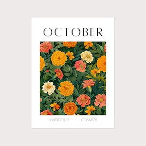 Birth Flower Premium Print, October Marigold & Cosmos birth month flower premium paper matte poster, Personalised birthday flower wall art