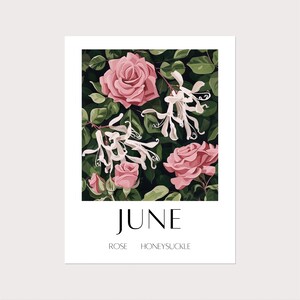 Birth Flower Premium Print, June Rose & Honeysuckle birth month flower premium paper matte poster, Personalised birthday flower wall art