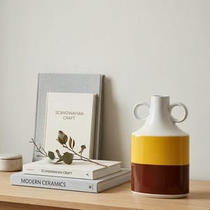 May include: A ceramic vase with a white top, yellow middle, and brown base. The vase has two small handles and sits on a wooden table next to books with the titles "Scandinavian Craft" and "Modern Ceramics".