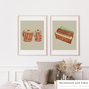 Set of 2: Tabla and Harmonium Music Instruments Poster | Indian Instrument Art, Desi Art, Indian Housewarming Gift, Modern Indian Decor