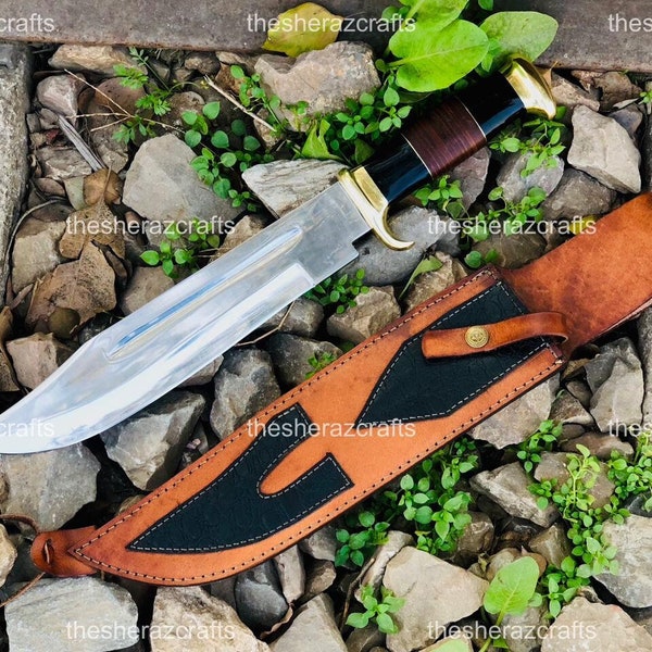 18in Custom HandMade D2 Steel Hunting Mirror Polish Crocodile Dundee Bowie Knife & Leather Sheath