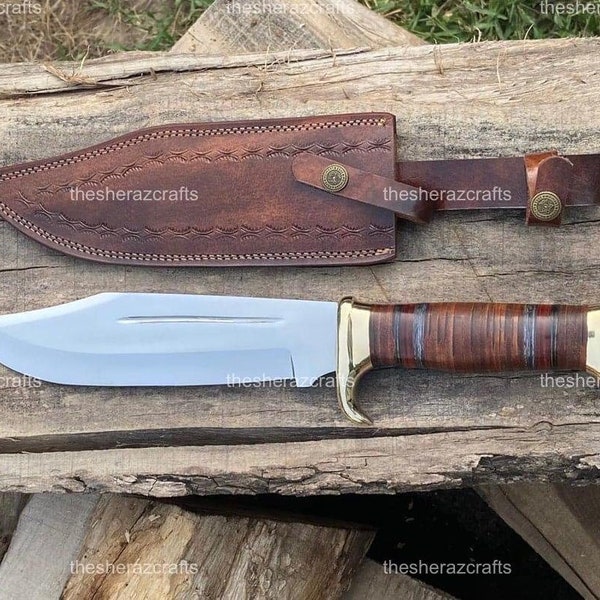 15in Custom HandMade D2 Steel Hunting Mirror Polish Crocodile Dundee Bowie Knife & Leather Sheath