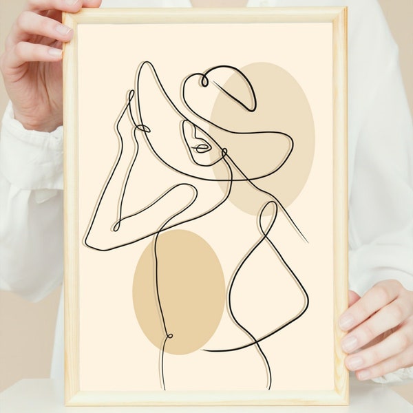 Minimalist standing woman with hat portrait Line art portrait prints Digital Download