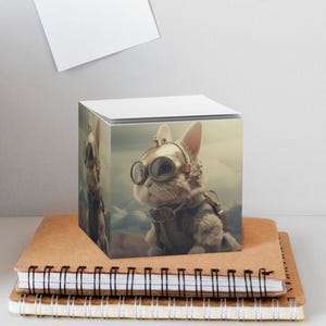 May include: A square block featuring a printed image of a fluffy cat wearing aviator goggles and a leather harness. The cat is depicted against a mountainous landscape background. The block is positioned on top of two stacked spiral-bound notebooks.