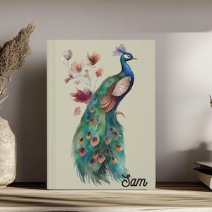 Personalizable Peacock Hardcover Lined Journal | Daily Journaling | Custom Name Peacock Bird Journal Gift | Beautiful Peacock Drawing