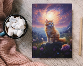 Cute Cat in Nature Journal | Orange Tabby Cat Hardcover Journal | Cat surrounded by Flowers Notebook | Colorful Sunset Journal Gift for Her