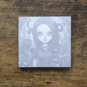 Gothic Girl Sticky Note | 3&quot;x3&quot; Black Cat Sticky Note Pads | Dark Aesthetic Stationary | Halloween Themed Stationary | Cool Goth Notepad