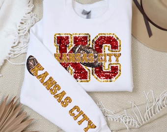 Kansas City Football Faux Sequin Sweatshirt- KC Chiefs Sequin Sleeve Design