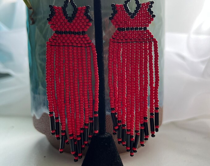 MMIWG Beaded Earrings ~ Handmade Red Dress Fringe in First Nations, Metis and Inuit Style