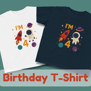 ¡Cumplo 4 años! Camiseta de cumpleaños espacial - Camiseta infantil de astronauta - Traje de cumpleaños espacial - Regalo de 4.º cumpleaños galáctico - Camiseta para niño y niña