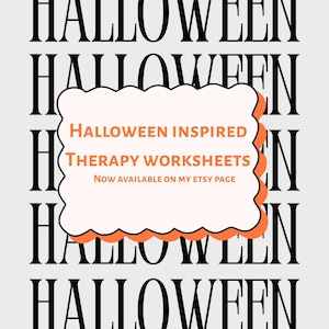 May include: A digital graphic featuring the repeated word HALLOWEEN in black serif font on a light gray background. A central cream-colored scalloped rectangle with an orange drop shadow displays the text HALLOWEEN INSPIRED THERAPY WORKSHEETS.