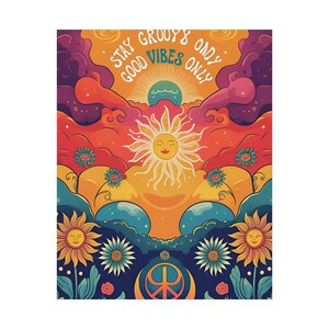 70s Retro Wall Art Good Vibes Only Groovy Print | Colourful Unframed Poster for Boho Home Decor, Hippie Room or Gift for Her