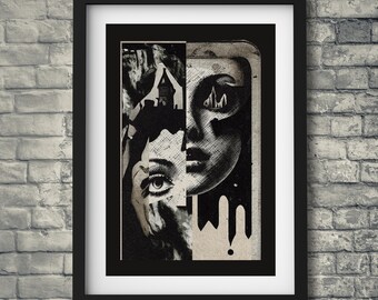 May include: Black framed art print featuring a split image of a woman's face and a gothic architectural scene. The artwork is in black and white, with a vintage, distressed aesthetic. The print is mounted on a white mat.