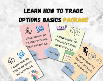 May include: Image of four informational cards with the text "Learn How to Trade Options Basics Package." Each card has a different title: Selling Calls, Buying Calls, Selling Puts, and Buying Puts. The cards are on a marble background.