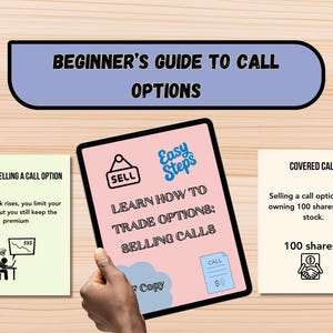 Könnte beinhalten: Ein Leitfaden für Call-Optionen, mit einem Tablet, das "Easy Steps" und "Learn How to Trade Options: Selling Calls" anzeigt. Das Bild enthält Diagramme zu Risiko und Covered Calls, vor einem hellen Holz Hintergrund.