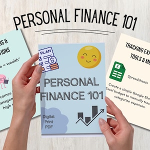 May include: A set of three printable guides for personal finance, with titles "Common Myths & Misconceptions", "Personal Finance 101", and "Tracking Expenses: Best Tools & Methods". The guides are designed in a light blue and white colour scheme with illustrations.