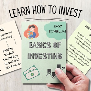 May include: A green and white illustrated guide to the basics of investing with the title "Learn How to Invest" and the subtitle "Basics of Investing". The guide includes information on stocks, common platforms to start investing, long-term vs. short-term investing, and an easy download option.