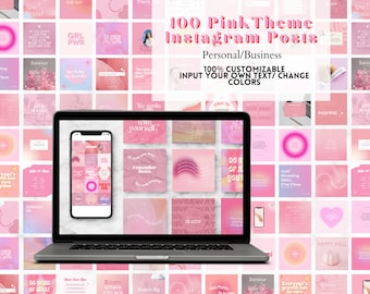 May include: A laptop computer screen displaying a collection of 100 pink themed Instagram post templates. The templates feature various designs and text overlays, including quotes, motivational messages, and aesthetic elements. The text on the screen reads "100 Pink Theme Instagram Posts" and "Personal/Business".