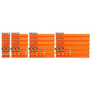 May include: Four orange plastic tool organizers filled with various screwdriver bits and sockets. Each organizer has multiple horizontal slots and holes for holding the tools. The tools are silver and black, with yellow accents.