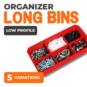 May include: Red organizer with multiple compartments filled with various hardware items, including screws, nuts, bolts, and other small parts. The text "ORGANIZER LONG BINS LOW PROFILE" is displayed at the top. The text "5 VARIATIONS" is displayed at the bottom.