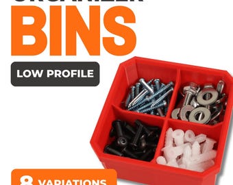 May include: Red organizer bin with four compartments, filled with various hardware items like screws, bolts, and wall anchors. The text "ORGANIZER BINS" and "LOW PROFILE" are displayed at the top, with "8 VARIATIONS" at the bottom.