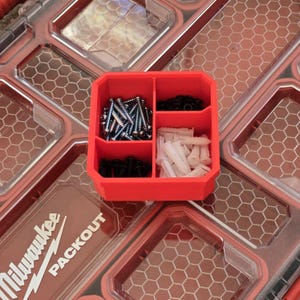 May include: A red, divided storage container filled with various hardware items, including screws, black fasteners, and white wall anchors. The container sits within a larger red and clear storage system with a honeycomb pattern.