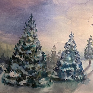 The &quot;Snow Sky&quot; 10x8 Giclee watercolor snowy day with pine and field and sunset