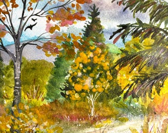 Autumn Trees and Path Vermont Scene | Watercolor Nature Wall Art
