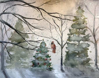 May include: Watercolor painting of a winter scene with bare tree branches, evergreen trees, and a red cardinal perched on a branch. The painting has a soft, muted color palette with shades of gray, green, and brown, evoking a snowy landscape.