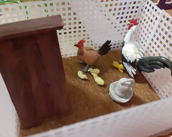 Miniature Dollhouse Chicken Diorama Silver Duckwing Chickens 1:12 scale Rooster Hen + Free Mini Chick Accessories!