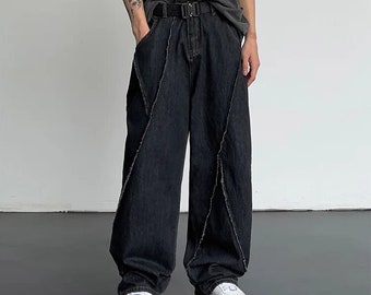 2024 Mannen HipHop Verontruste Jeans Broek Mannen Gescheurde Patchwork Jeans Broek Mannelijke Oversized Losse Casual Streetwear Wijde Pijpen Broek