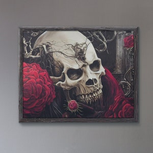 Gothic Horror Skull & Red Roses Wall Art, Set of 2 Digital Prints, Skull Art Prints, Gothic Wall Art, AI Art, Dark Decor, Modern Gothic Art