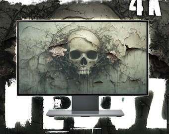 May include: A computer monitor displaying a digital art image of a human skull with a crown of thorns and pink roses on a cracked, gray wall background.