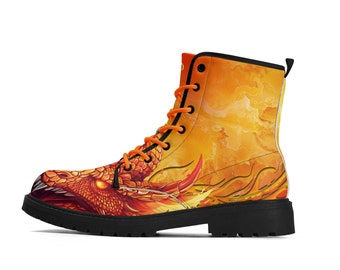 Neduz Unisex Fiery Magma Dragon Print Leather Boots - Eco-Friendly, Waterproof