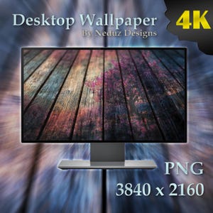 May include: A computer monitor displaying a digital art image of a wooden floor with a pink tree in the background. The image is labeled "Desktop Wallpaper" and "4K".