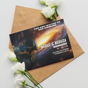 Nebula Space Wedding Invitation Template: Sci-Fi Planets (Canva Editable, Printable)