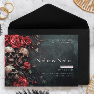 Gothic Schädel & Rosen Hochzeitseinladungsvorlage - Canva | Sofortiger Zugriff