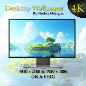 May include: A computer monitor displaying a scenic landscape wallpaper with a small island, mountains, and a blue sky with white clouds. The text "Desktop Wallpaper 4K" and "By Neduz Designs" is displayed above the monitor. The text "3840 x 2160 & 1920 x 1080 (4K & FHD)" is displayed below the monitor.