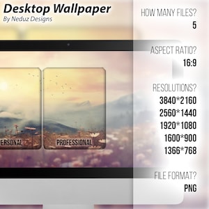 Puede incluir: Una ilustración digital de una puesta de sol sobre una cordillera con un campo de flores en primer plano. La imagen está dividida en dos secciones etiquetadas como "Personal" y "Profesional". El texto "Fondo de escritorio" está en la parte superior de la imagen. El texto "¿Cuántos archivos? 5" está en la esquina superior derecha. El texto "¿Relación de aspecto? 16:9" está debajo de eso. El texto "¿Resoluciones? 3840*2160, 2560*1440, 1920*1080, 1600*900, 1366*768" está debajo de eso. El texto "¿Formato de archivo? PNG" está en la esquina inferior derecha.