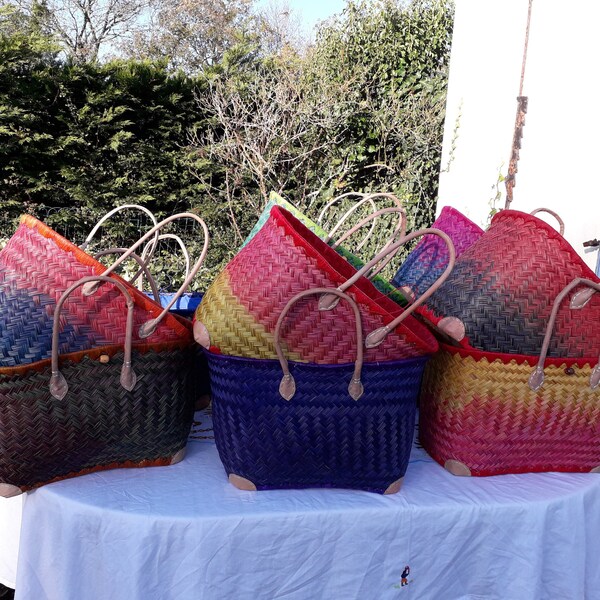 Grand panier XXL cabas de course de plage de picnic en aravola paille sauvage fait main en fibre naturelle, fermé et renforcé