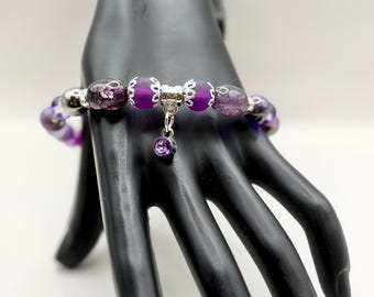 Personalised FEBRUARY Birthstone Bracelet, Amethyst Purple Charm, Custom Memory Wire Gift