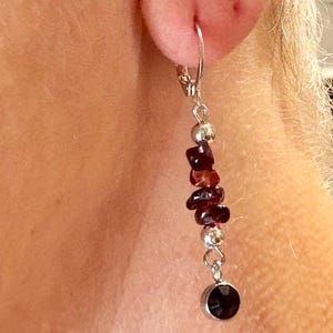 May include: Dangling earring with a silver-tone metal hook and a cascade of dark red-brown stones. The stones are interspersed with silver beads, and the earring ends with a dark red-brown, round stone. The earring is shown against a person's skin.