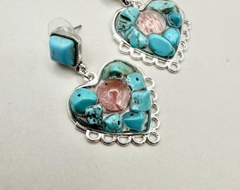 Natural Turquoise & Rose Quartz Silver Heart Earrings / Boho Gemstone Jewellery