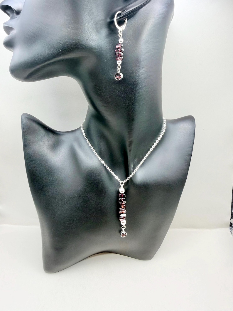 January Birthstone Set: Raw Garnet Crystal Necklace and Dangle Earrings / Adjustable Silver Plated Jewellery image 1